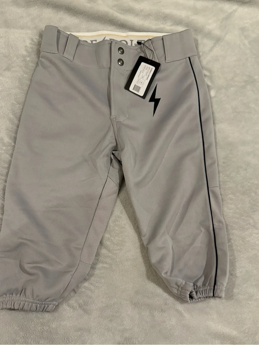 Bruce Bolt youth XL Light Gray Baseball Pants with Black Lightning Detail